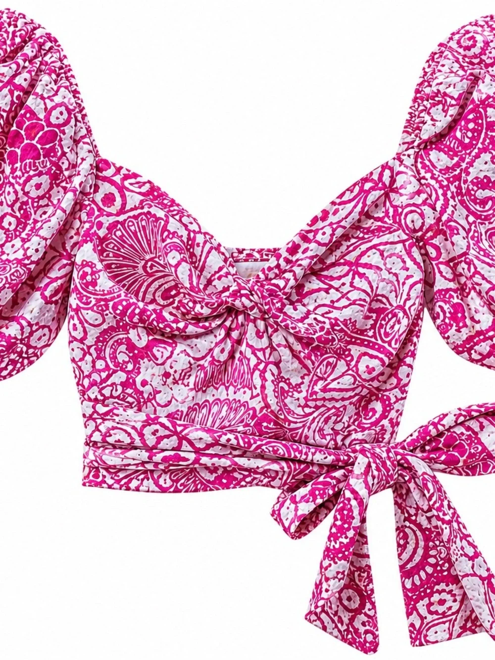 Anthropologie Pink & White Floral Puff-Sleeve Wrap Top